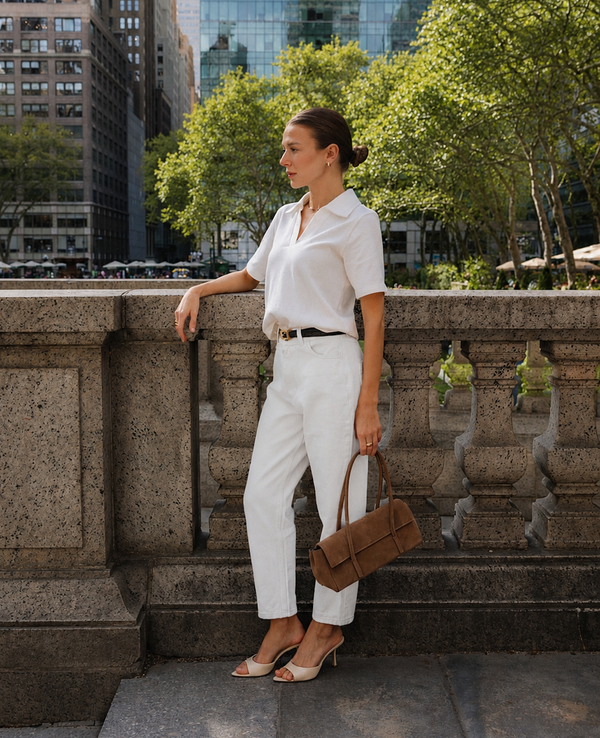Polo Mira Off-white i jeansy Dumbo White dla niskich kobiet do 164 cm wzrostu, detal kołnierzyka i paska.