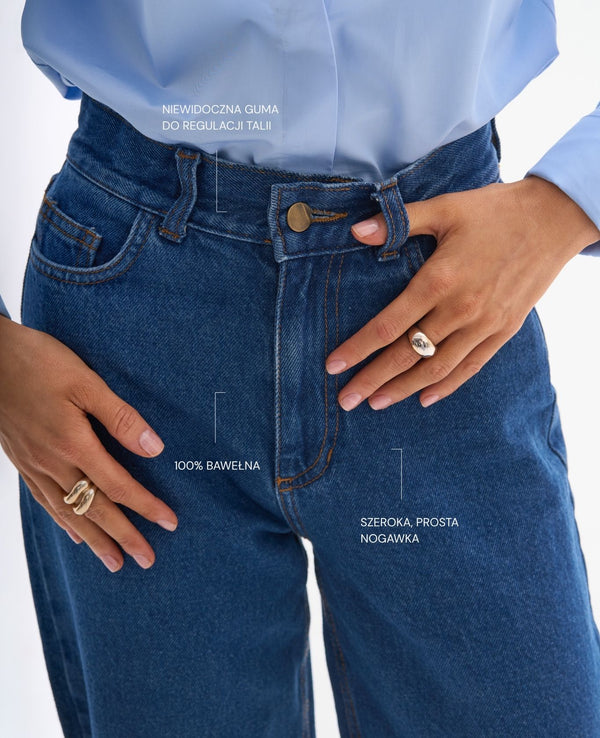 Jeansy Navy petite – detal wysokiego stanu, zapięcia i przednich kieszeni.