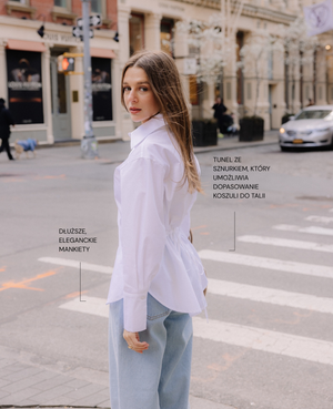 Biała koszula Verona dla niskich kobiet – grafika przedstawiająca najważniejsze detale i krój koszuli petite.