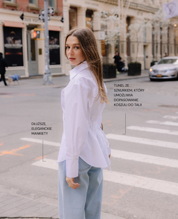 Biała koszula Verona dla niskich kobiet – grafika przedstawiająca najważniejsze detale i krój koszuli petite.