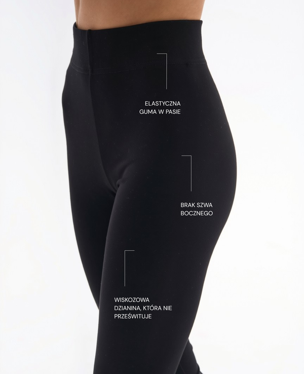 Czarne legginsy dla niskich kobiet do 164 cm wzrostu, z wysokim stanem, elastyczną gumą w pasie, bez szwu bocznego, wykonane z nieprześwitującej wiskozowej dzianiny.