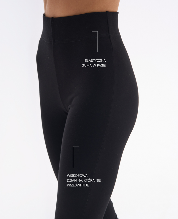 Czarne legginsy dla niskich kobiet do 164 cm wzrostu, wykonane z nieprześwitującej wiskozowej dzianiny, z wysokim stanem i elastyczną gumą w pasie.