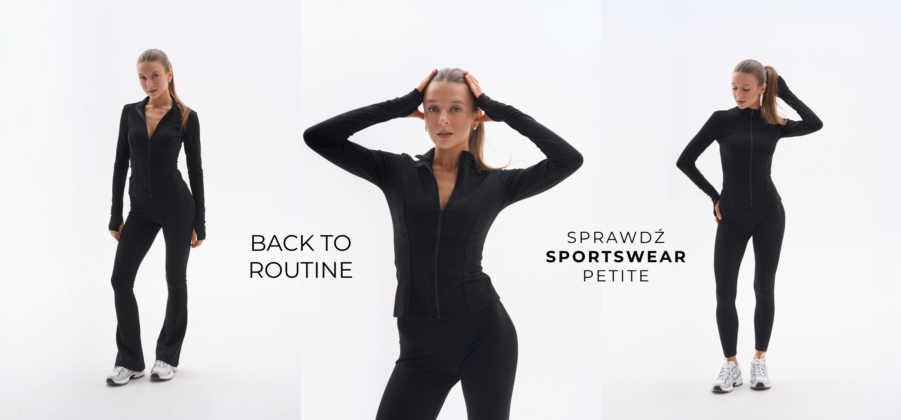 Odzież sportowa dla niskich kobiet do 164 cm wzrostu – czarne legginsy i bluza sportowa Petite Pants, kolekcja Back to Routine.
