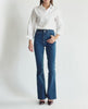 Granatowe jeansy flare petite dla niskich kobiet do 164 cm wzrostu, ujęcie przodem.