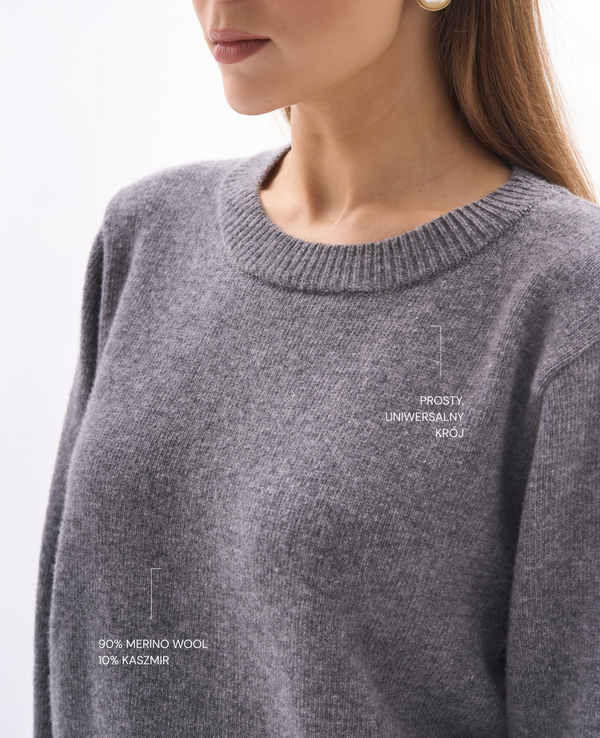 Sweter LILOU Gray z wełny merino i kaszmiru dla niskich kobiet do 164 cm wzrostu.